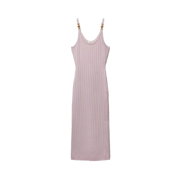 Viscose Mesh Ribbed Knit Midi Dress in Pink