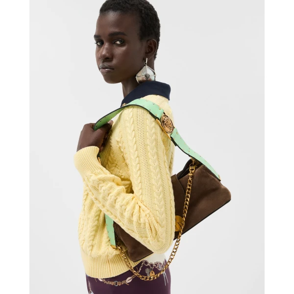 Versace Vivian Embellished Suede Clutch in Brown, view 2 | Clutch Bags