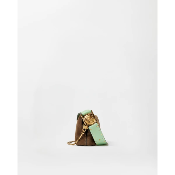 Versace Vivian Embellished Suede Clutch in Brown, view 3 | Clutch Bags
