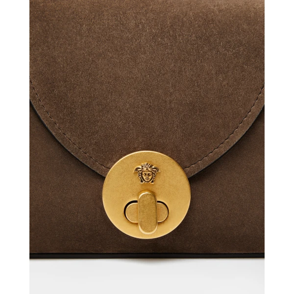 Versace Vivian Embellished Suede Clutch in Brown, view 4 | Clutch Bags