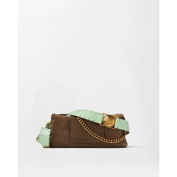 Versace Vivian Embellished Suede Clutch in Brown, view 6 | Clutch Bags