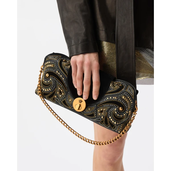 Versace Vivian Embroidered Suede Clutch in Black, view 2 | Clutch Bags