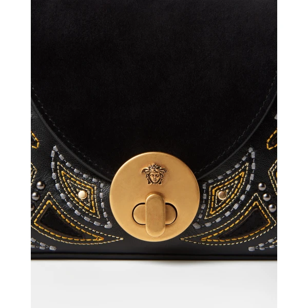 Versace Vivian Embroidered Suede Clutch in Black, view 4 | Clutch Bags