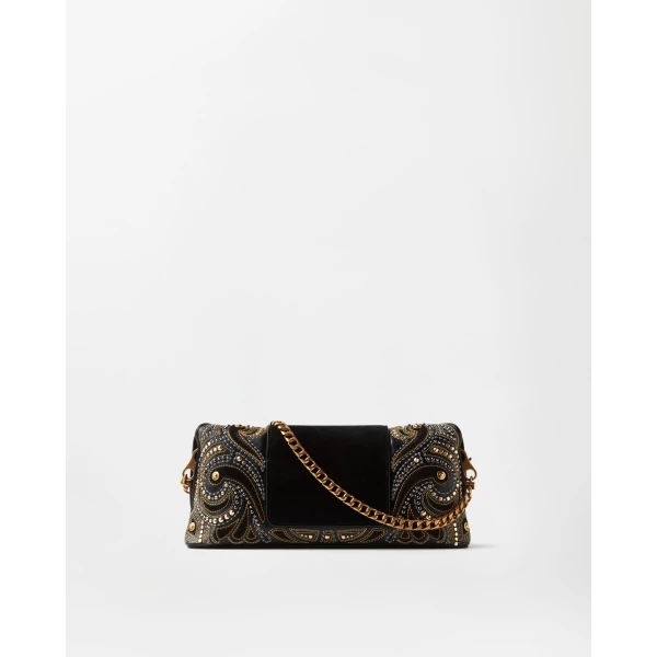 Versace Vivian Embroidered Suede Clutch in Black, view 6 | Clutch Bags