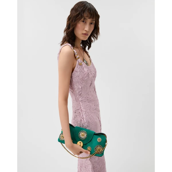 Versace Vivian Embroidered Suede Clutch in Green, view 2 | Clutch Bags