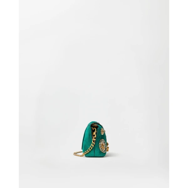Versace Vivian Embroidered Suede Clutch in Green, view 3 | Clutch Bags