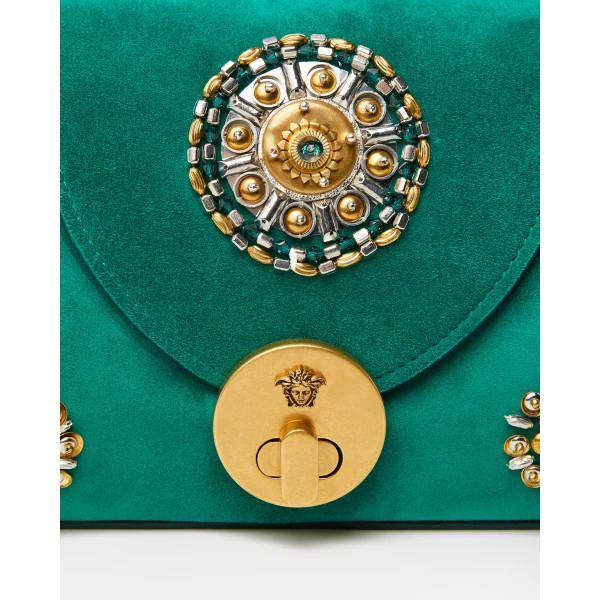 Versace Vivian Embroidered Suede Clutch in Green, view 4 | Clutch Bags