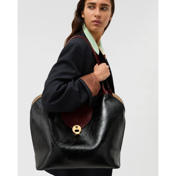 Versace Vivian Large Leather Shoulder Bag in Black and Brown, view 2 | Shoulder & Crossbody Bags