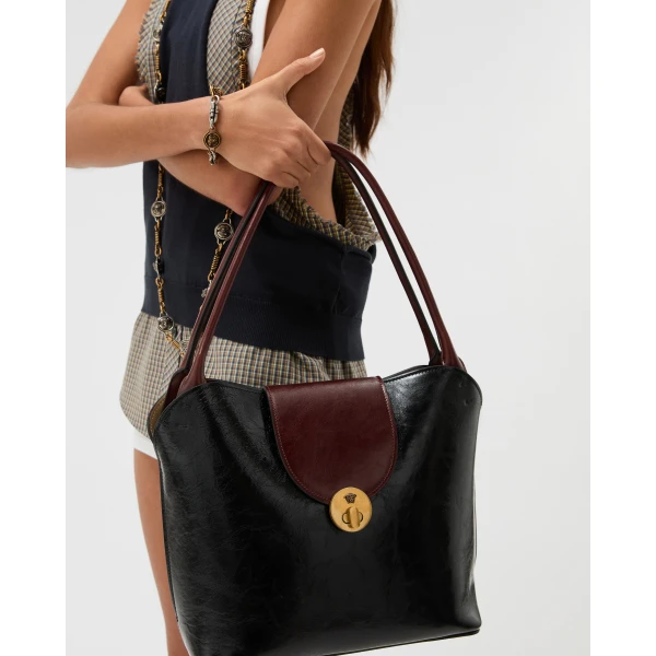Versace Vivian Leather Shoulder Bag in Black and Brown, view 6 | Shoulder & Crossbody Bags