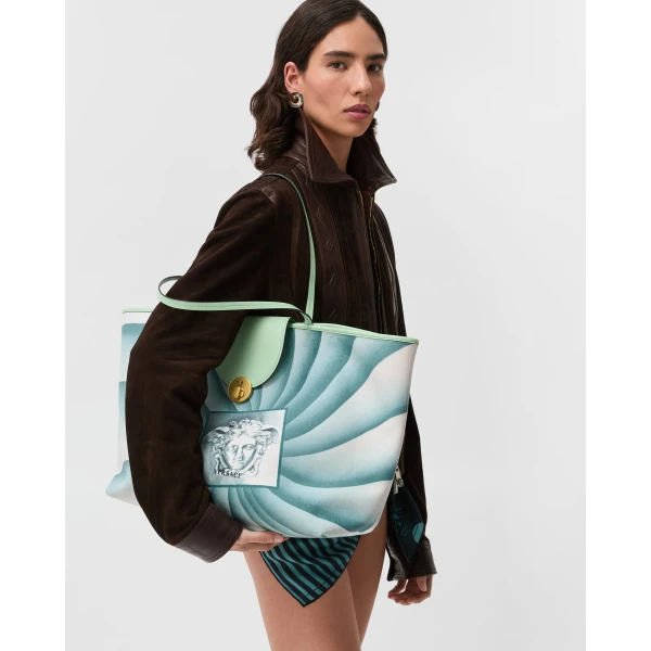 Versace Vivian Printed Large Canvas Tote in Light Blue, view 2 | Totes & Top-Handle Bags