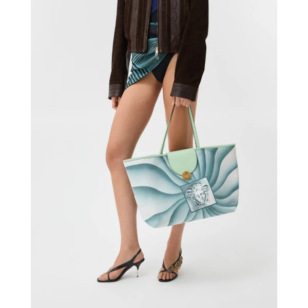 Versace Vivian Printed Large Canvas Tote in Light Blue, view 6 | Totes & Top-Handle Bags