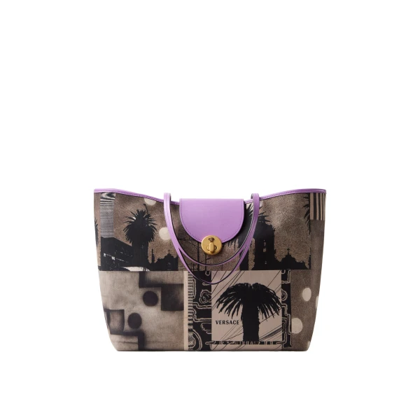 Versace Vivian Printed Large Canvas Tote in Lilac | Totes & Top-Handle Bags | Coveti