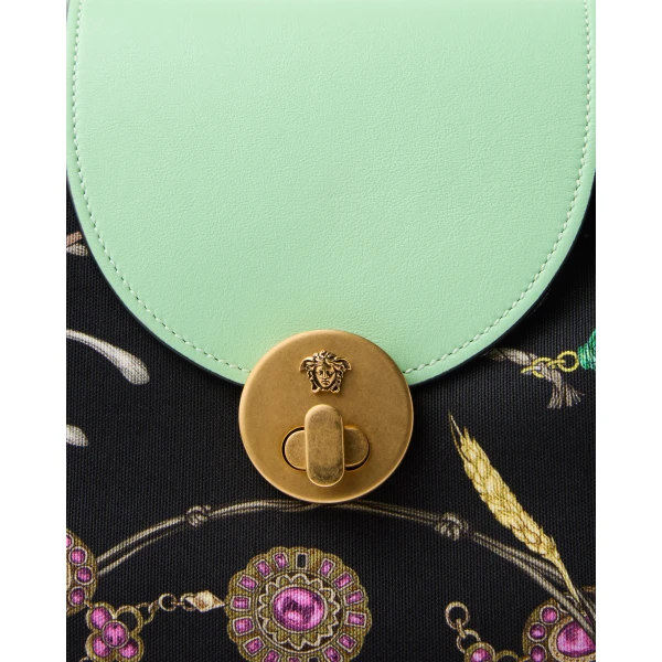 Versace Vivian Printed Small Canvas Tote in Black and Green, view 3 | Totes & Top-Handle Bags