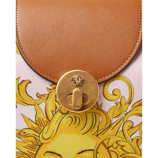Versace Vivian Printed Small Canvas Tote in Pink and Yellow, view 3 | Totes & Top-Handle Bags