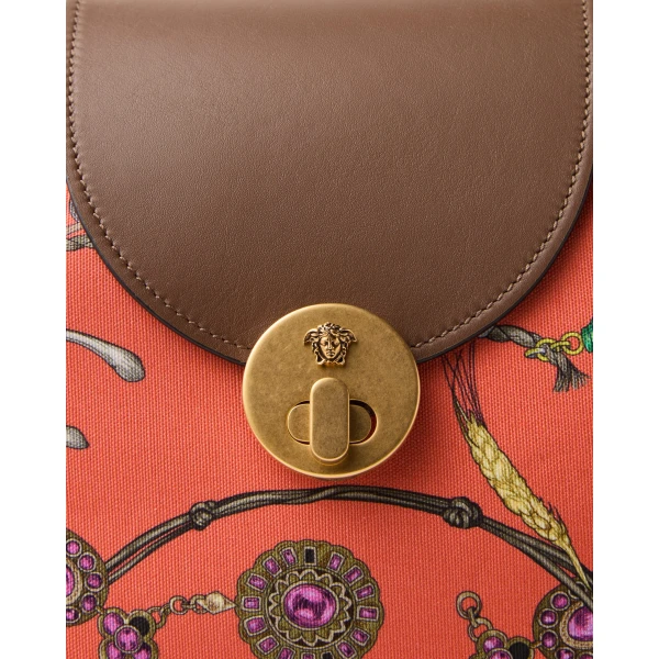 Versace Vivian Printed Small Canvas Tote in Red, view 3 | Totes & Top-Handle Bags