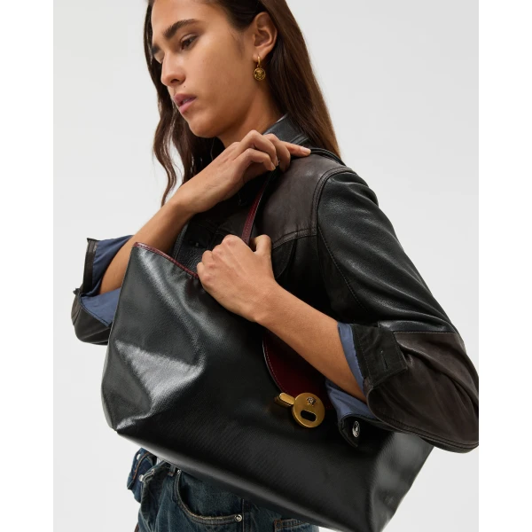 Versace Vivian Small Coated Canvas Tote in Black and Brown, view 2 | Totes & Top-Handle Bags