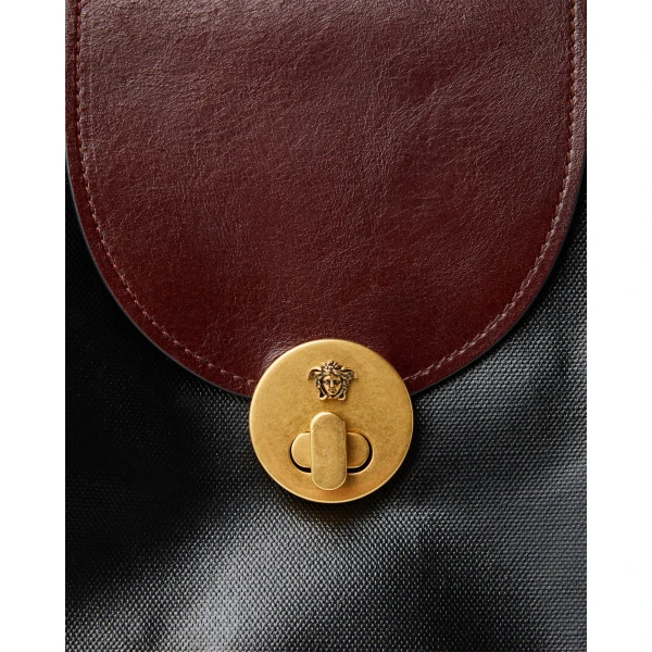 Versace Vivian Small Coated Canvas Tote in Black and Brown, view 4 | Totes & Top-Handle Bags