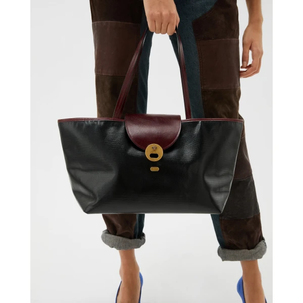Versace Vivian Small Coated Canvas Tote in Black and Brown, view 6 | Totes & Top-Handle Bags
