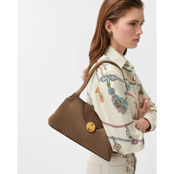 Versace Vivian Small Suede East/West Shoulder Bag in Brown, view 2 | Shoulder & Crossbody Bags