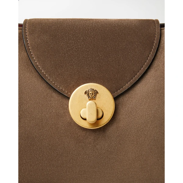 Versace Vivian Small Suede East/West Shoulder Bag in Brown, view 4 | Shoulder & Crossbody Bags