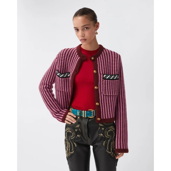Versace Wool Crochet-Stitch Knit Cardigan in Pink, view 2 | Cardigan