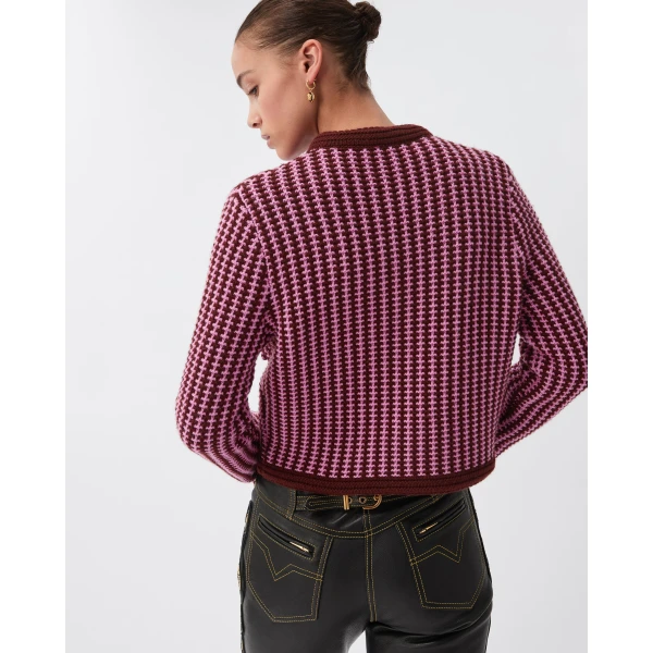 Versace Wool Crochet-Stitch Knit Cardigan in Pink, view 3 | Cardigan