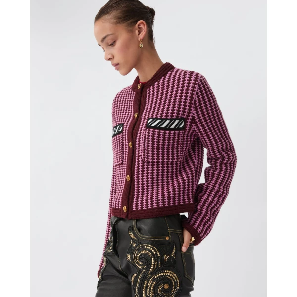 Versace Wool Crochet-Stitch Knit Cardigan in Pink, view 4 | Cardigan