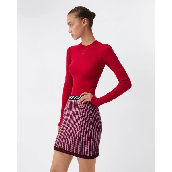 Versace Wool Crochet-Stitch Knit Mini Skirt in Pink, view 4 | Mini Skirts