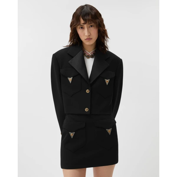 Versace Wool Crop Blazer in Black, view 2 | Blazers