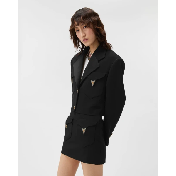 Versace Wool Crop Blazer in Black, view 4 | Blazers
