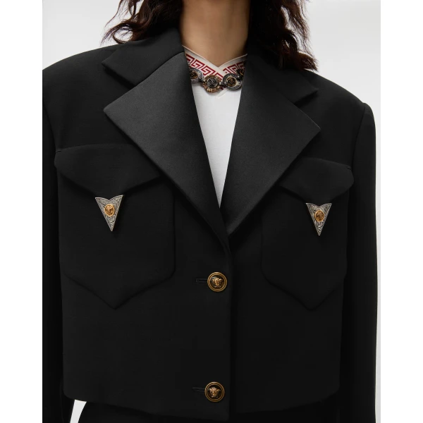 Versace Wool Crop Blazer in Black, view 5 | Blazers