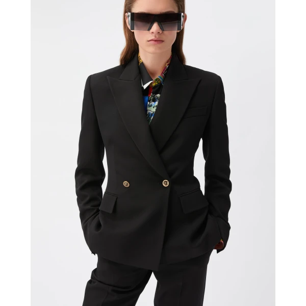 Versace Wool Grain De Poudre Blazer in Black, view 2 | Blazers