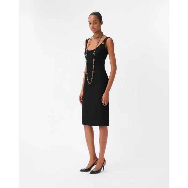 Versace Wool Grain De Poudre Midi Dress in Black, view 2 | Midi Dresses
