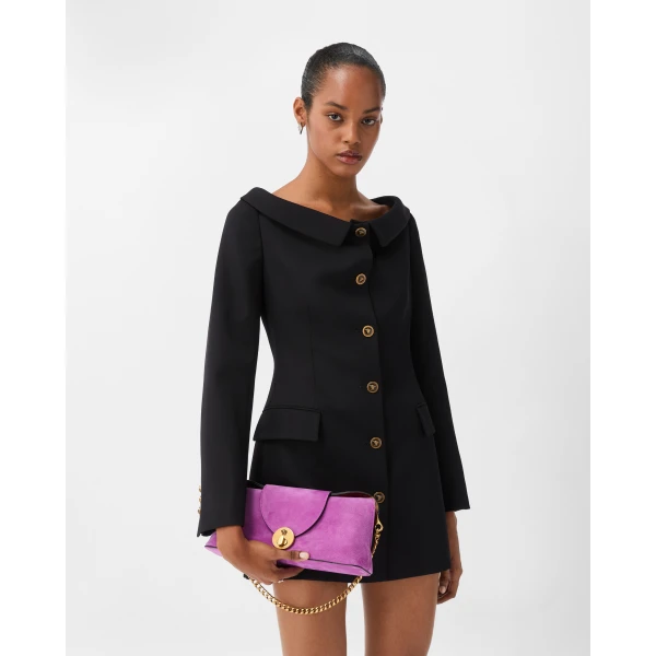 Versace Wool Grain De Poudre Mini Dress in Black, view 2 | Mini Dresses