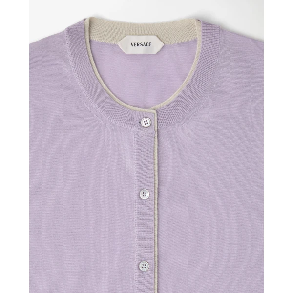 Versace Wool Knit Crewneck Cardigan in Lilac, view 2 | Cardigan