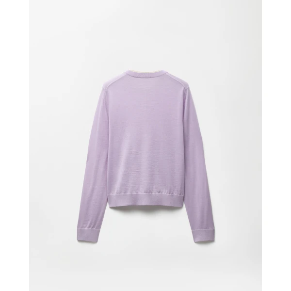 Versace Wool Knit Crewneck Cardigan in Lilac, view 3 | Cardigan