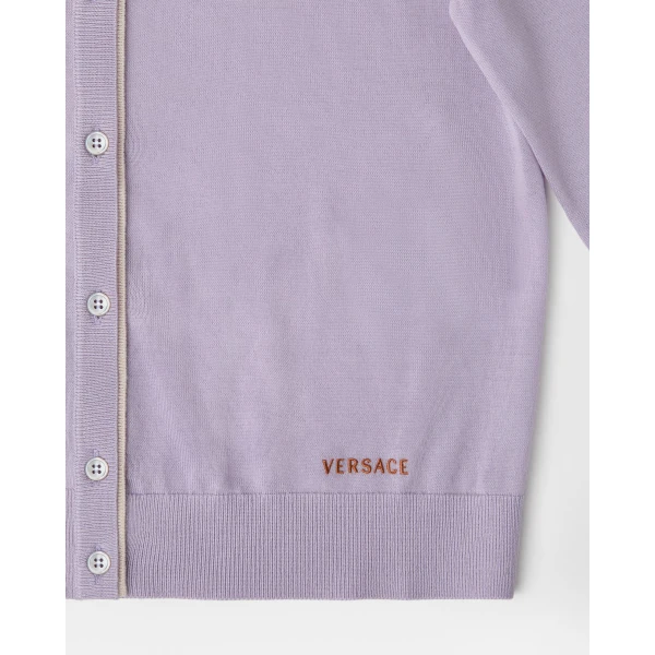 Versace Wool Knit Crewneck Cardigan in Lilac, view 4 | Cardigan