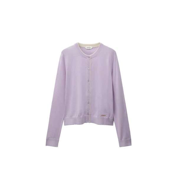 Versace Wool Knit Crewneck Cardigan in Lilac | Cardigan | Coveti