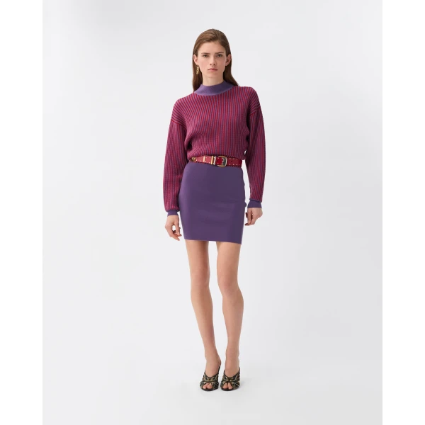 Versace Wool Micro Cable-Knit Mini Dress in Purple, view 2 | Mini Dresses