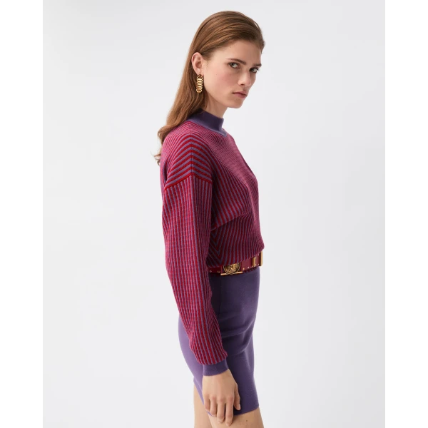 Versace Wool Micro Cable-Knit Mini Dress in Purple, view 4 | Mini Dresses