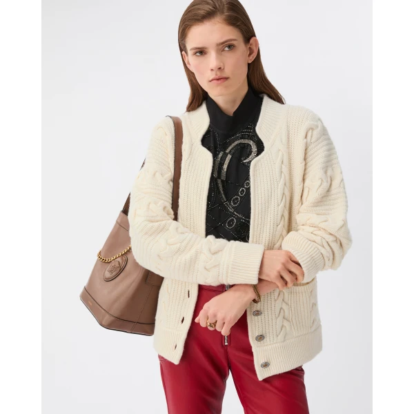 Versace Wool and Cashmere Cable-Knit Cardigan in White, view 2 | Cardigan
