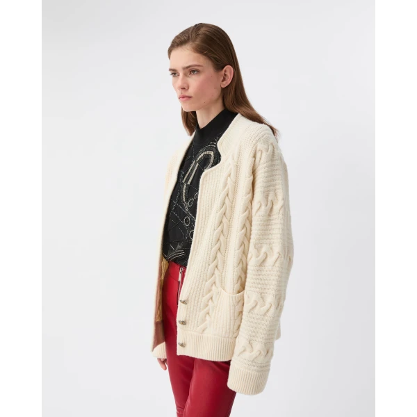 Versace Wool and Cashmere Cable-Knit Cardigan in White, view 4 | Cardigan