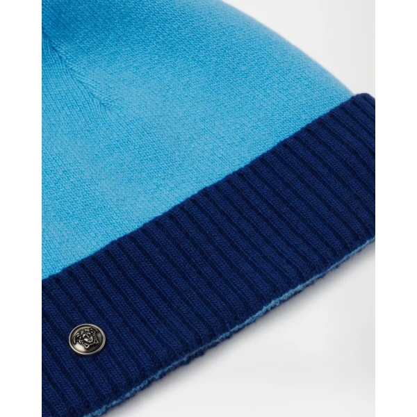 Versace Wool and Cashmere Knit Beanie in Blue, view 2 | Hats