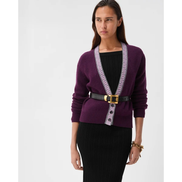Versace Wool and Cashmere Knit Cardigan in Purple, view 2 | Cardigan