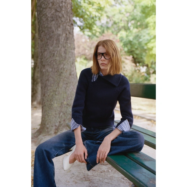 Victoria Beckham Asymmetric Collar Jumper in Navy | Sweaters | Coveti, view 2