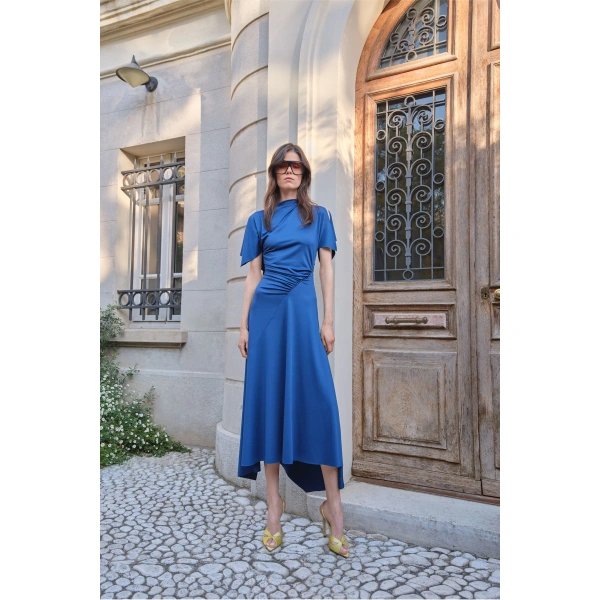Victoria Beckham Blousey Midi Dress in Blue | Midi Dresses | Coveti, view 3