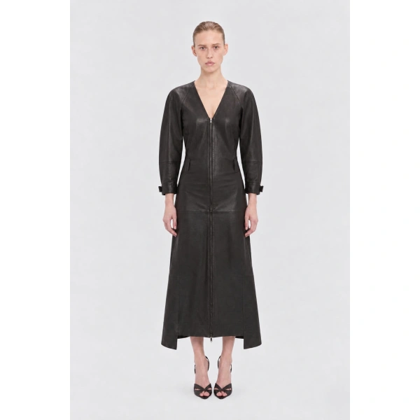Victoria Beckham Dolman Leather Dress in Dark Earth | Midi Dresses | Coveti, view 2