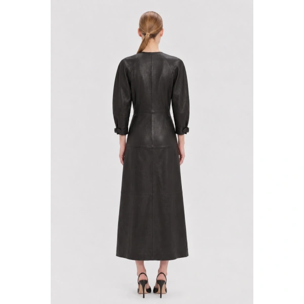 Victoria Beckham Dolman Leather Dress in Dark Earth | Midi Dresses | Coveti, view 5