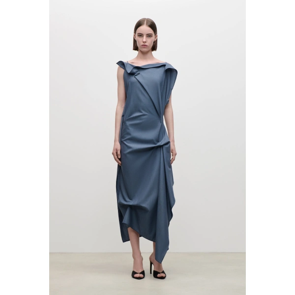 Victoria Beckham Draped Midi Dress in Storm Blue | Midi Dresses | Coveti, view 2
