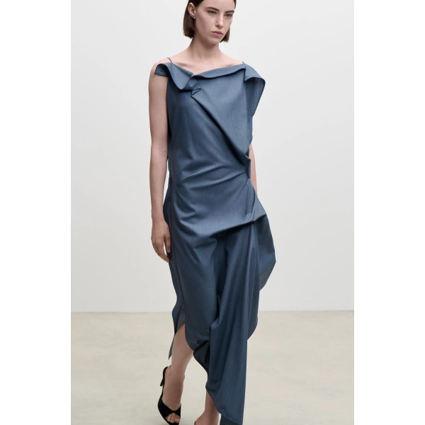 Victoria Beckham Draped Midi Dress in Storm Blue | Midi Dresses | Coveti, view 6